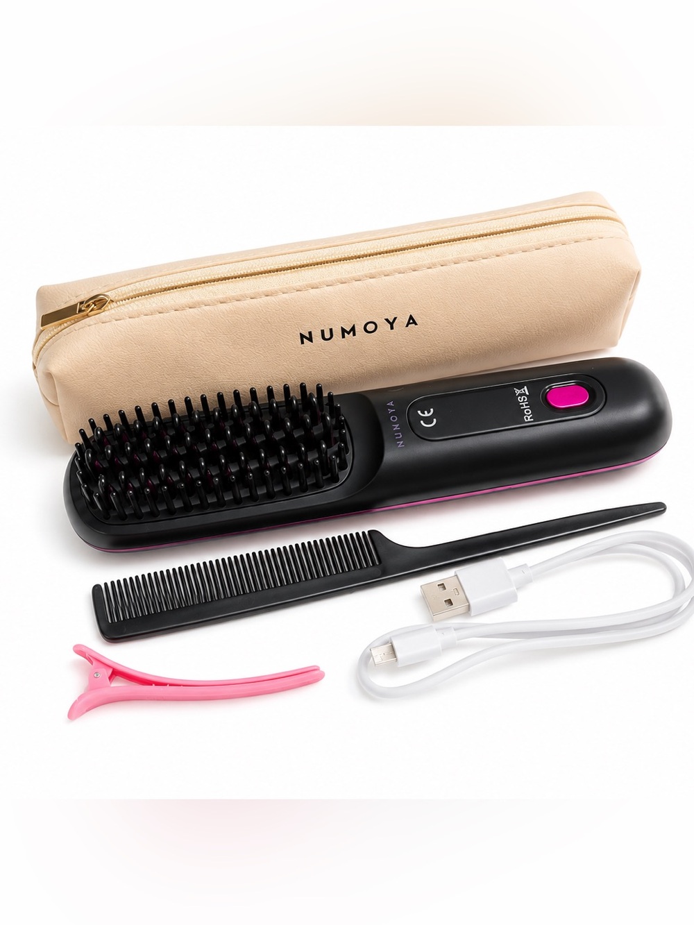 Numoya GoBrush Pro, a wireless portable hair straightening brush designed travel